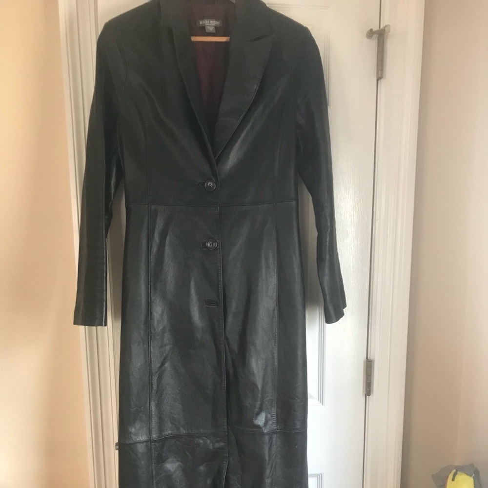 Black full length vintage leather coat - lined
